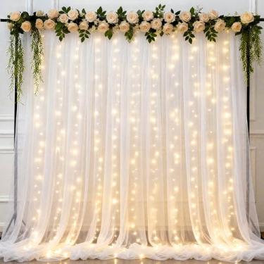 Imagem de Ledido Cortina de fundo de 300 LEDs com cordão de luzes, 6 peças, 1,5 x 3 m, cortinas transparentes de fundo branco para festas de aniversário, casamento, chá de bebê, decoração de fundo