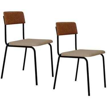 Imagem de Kit 02 Cadeiras Estofada Para Sala De Jantar Sense Preto C01 Linho Areia Courino Caramelo - Lyam Decor