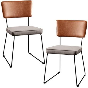 Imagem de Kit 02 Cadeiras Estofada L02 Couríssimo Camel Linho Bege