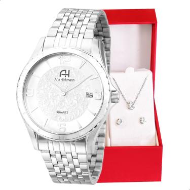 Imagem de Kit Relógio Feminino Champion Analógico Ana Hickmann Prata Analógico AH28964Q Calendário
