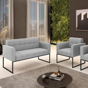 Imagem de Kit 1 Sofá Namoradeira e 1 Poltrona Elisa Suede Cinza Base Metálica In
