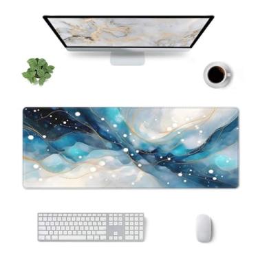 Imagem de CANFLASHION Tapete de mesa grande mármore branco azul – 80 cm x 30 cm, antiderrapante, impermeável, superfície de tecido lavável com base de borracha para uso em escritório e casa, tapete de teclado