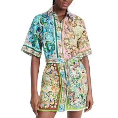 Imagem de Vestido Lovely Ran com estampa floral Y2K A-Line de manga curta verde 