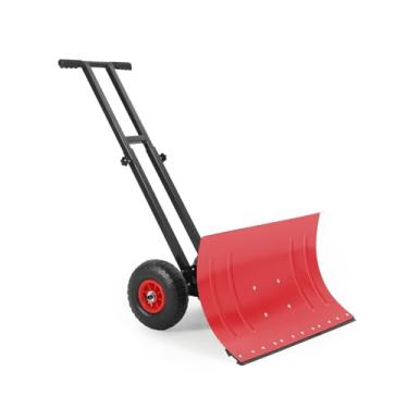 Imagem de Pá de neve com rodas, lâmina angular de 5 posições e rodas de borracha, arado de neve de aço resistente para calçadas, calçadas e portas, haste dupla, 73 cm L x 42 cm A, vermelho e preto