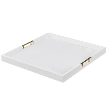 Imagem de Bandeja grande de couro sintético branco de 50 x 50 cm com alças douradas para todas as ocasiões, serve comida no café da manhã na cama, decoração de casa, sala de estar, organizador quadrado de mesa