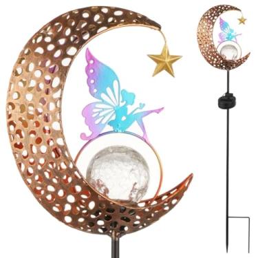 Imagem de Chewtoyo Globo de luz decorativa led lua de fada, jardim solar estaca de metal, lâmpada de vidro rachado, fada solar à prova d'água para jardim, quintal, branco claro