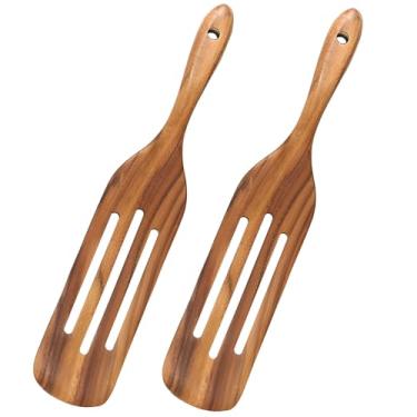 Imagem de Conjunto de espátula de cozinha de madeira teca de 2 peças com alças longas e furos, ideal para panelas antiaderentes, inclui vários tamanhos para facilitar o cozimento