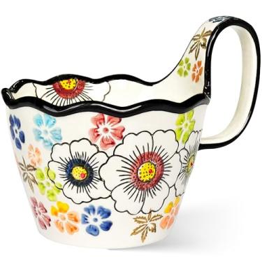 Imagem de JUSONEY Tigelas de sopa de 527 g com alças largas, tigela decorativa pintada à mão, caneca de sopa, tigelas de micro-ondas, tigelas de cerâmica perfeitas para cereais, sopas, frutas, etc. (Amarelo)