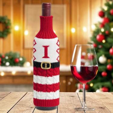 Imagem de 1 peça linda capa de garrafa de suéter de Natal decorativa, recipientes de vinho para festa festiva acessório de mesa de jantar (letra I)