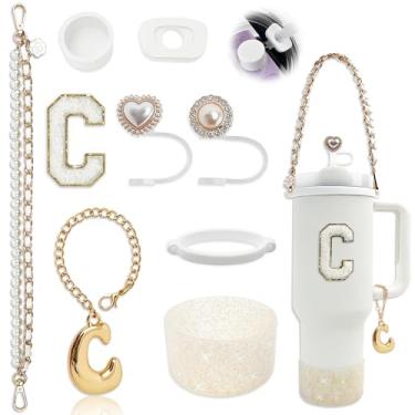Imagem de BydGxy Conjunto de acessórios Stanley Cup para copo de 850 g 1,134 g, com alça de alça, plugue antiderramamento, bota, capa de palha, pingentes de letras fofas, adesivo inicial sem resíduo, serve para