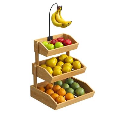 Imagem de STDDRE Cesta de frutas de bambu com cabide de banana, suporte de frutas para balcão de cozinha, organizador de legumes, pão, lanches, cesta de armazenamento de pão (natural, 3 camadas)