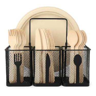 Imagem de Organizador de talheres de metal, suporte de utensílios de cozinha, suporte de prato de papel, recipiente de talheres, suporte de utensílios para balcão de cozinha, garfo de colher de talheres para