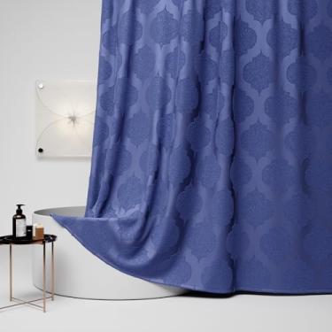 Imagem de lunavogue Cortina de chuveiro extralonga – Conjunto de cortina de banho de tecido de 228 cm com 12 ganchos de plástico, textura adornada azul-marinho