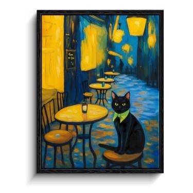 Imagem de Arte de parede emoldurada de gato preto, gato preto engraçado em Van Gogh Café Terraço à noite Pintura inspirada em impressão de arte texturizada, pinturas estéticas para quarto, sala de estar