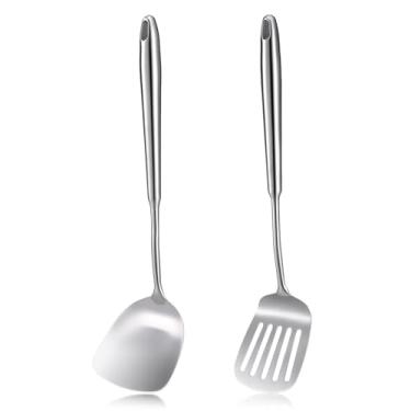 Imagem de Conjunto de espátulas de aço inoxidável 18/10, espátulas de metal de 38 cm para uso na cozinha, 1 espátula ranhurada + 1 espátula sólida, conjunto de utensílios de cozinha, resistente ao calor