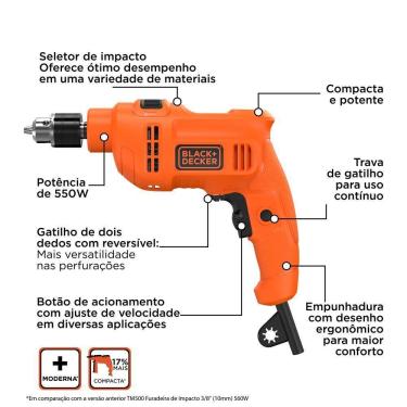 Imagem de Furadeira de Impacto 10mm  BED710550K 550W com Acessórios e Maleta - BLACK+DECKER