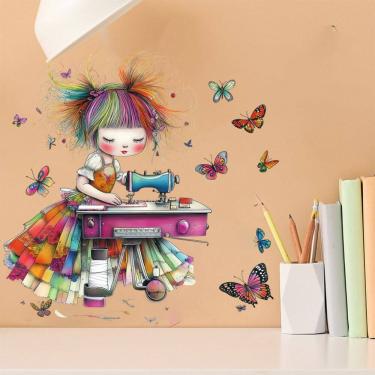 Imagem de Máquina de costura de adesivos de parede para meninas com borboleta colorida em PVC