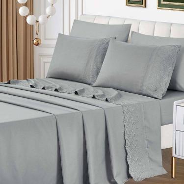 Imagem de Jogo De Lençol Lummi Casal 4 Peças Percal 300 Fios Bordado Inglês Macio - Cinza - 100% Poliéster