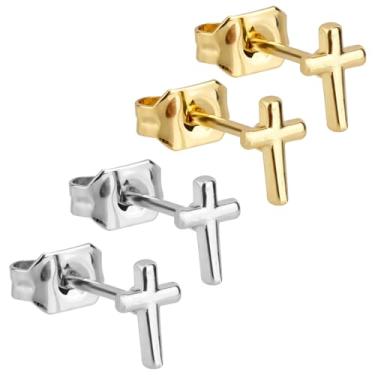 Imagem de 4 Brincos de Cruz para Mulher, Modelo com Base Plana Ideais Piercing na Cartilagem e Hélice Perfeitos para Uso Diário (Prata e Ouro)