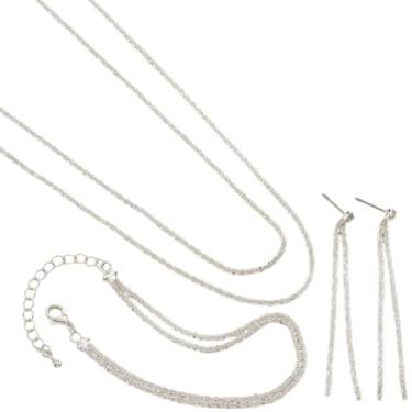 Imagem de Impressionante conjunto de joias de prata feminino, colar, brincos e pulseira, liga de cobre com design de camada dupla