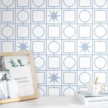Imagem de Fiula Descole e cole papel de parede geométrico branco e azul papel de parede moderno autoadesivo papel de parede removível papel de contato para cobertura de parede quarto sala de estar armário