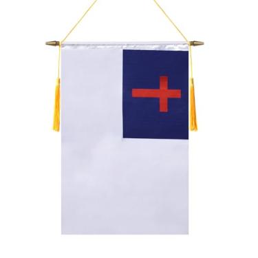 Imagem de TMHTMH Bandeira de parede cristã de 45 x 30 cm, poste de madeira e acabamento acetinado duplo, bandeira pendurada de religião e crença, para sala de casa, sala de aula escolar, clube e porta