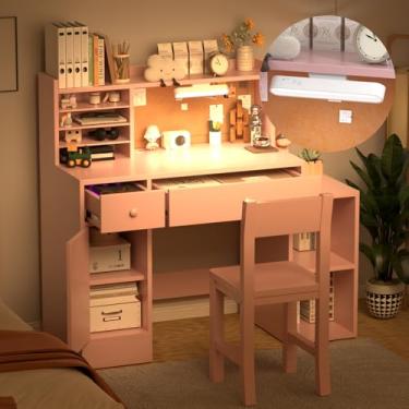 Imagem de RUPOLX Wooden Pink Kids Study Desk and Chair Set with Light, 2 Drawers and 4 Storage Cabinets, Children Desk with Hutch and Shelves, Girls Study Desk for Kids Bedroom-003