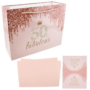 Imagem de Saco de presente de aniversário de 50 anos em ouro rosa, 50 e fabuloso, presente para mulheres com papel de seda e cartão comemorativo, grande rosa feliz cinquenta anos decorações de festa suprimentos