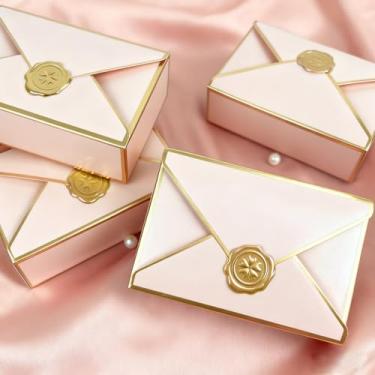 Imagem de 10 peças de caixas de presente em formato de envelope rosa embalagem elegante de doces para casamento, aniversário, chá de panela, suprimentos para eventos românticos
