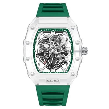 Imagem de Gosasa Relógio de pulso masculino moderno esqueleto de quartzo Tonneau Face à prova d'água moderno analógico esportivo casual com caixa transparente, pulseira de silicone, Verde, Tendência