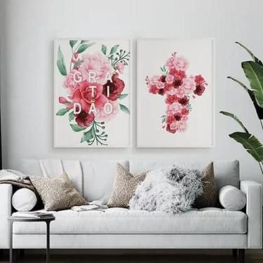 Imagem de Kit 2 Quadros Gratidão E Cruz Flores 60X40Cm Madeira Branca - Quadros 