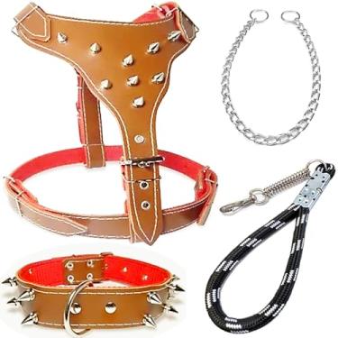 Imagem de Peitoral Ajustável para Cachorro com Cravos, Coleira e Guia Antipuxão - Ideal para Raças como Pit Bull, Rottweiler, Bull Terrier, American Bully, Boxer(Marrom Escuro)