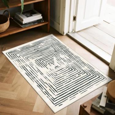 Imagem de BLISSA Tapete de entrada pequeno 5 x 7 cm - Tapete de porta moderno antiderrapante ultrafino macio preto e branco com bordas abstratas para porta da frente, tapetes para quarto, banheiro, cozinha