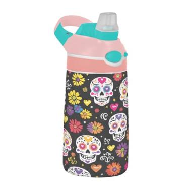 Imagem de ATTX Garrafa de água Sugar Skull Flower 473 ml – Garrafa de água reutilizável Tritan Sports & Travel com canudo e tampa de bico pop-up #586