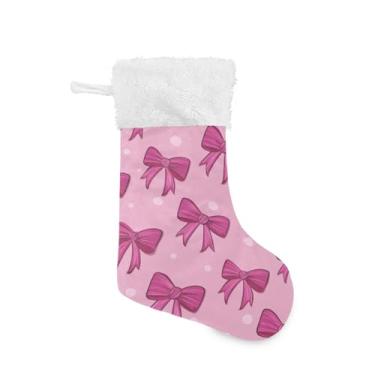 Imagem de Blueangle 1 pacote com 17,7 polegadas lindos laços rosa meias de Natal para decorações de festas de fim de ano, suportes de presente e meias (788)