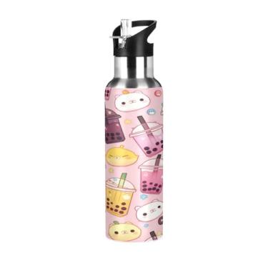Imagem de Blueangle Garrafa de água de aço inoxidável Kawaii Bubble Tea de 590 ml - Garrafa esportiva de metal isolada à prova de vazamento para academia, acampamento, fitness ao ar livre e viagens (614)