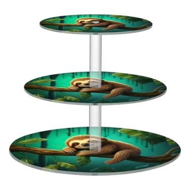 Imagem de Blueangle Suporte redondo de cupcake de 3 camadas – torre de sobremesa acrílica de preguiça de desenho animado, suporte de sobremesa em camadas antiderrapante para chá de bebê, aniversário, festa de