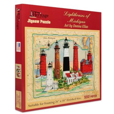 Imagem de Heritage Puzzle – Lighthouses of Michigan by Donna Elias – 550 Piece Lighthouse Puzzle for Adults – Lighthouse Jigsaw Puzzles for Women and Men – Michigan Scenic Art