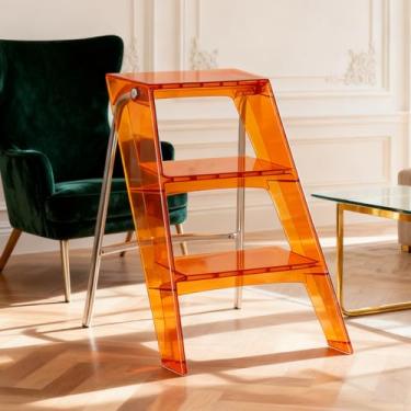 Imagem de Escada dobrável de acrílico com 3 degraus para adultos Escada dobrável para cozinha Escada de plástico moderna e dobrável para armário, casa de banho, interior (laranja transparente)