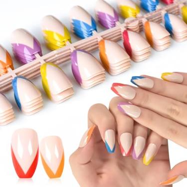 Imagem de 120 peças de unhas postiças de comprimento médio, kit de decoração de unhas cosméticas coloridas para arte em unhas, inclui 5 conjuntos de unhas, 5 adesivos de unha, 1 mini lima, 1 bastão de madeira
