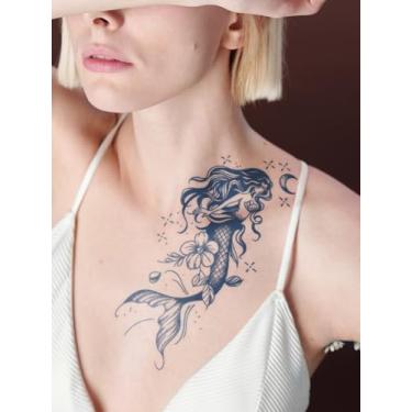 Imagem de Tatuagens minimalistas semi permanentes de suco de ervas, fantasia, sereia, floral, estrela, lua, padrão, tatuagem, adesivo, festa, presente, ombro, pescoço, braço, perna, corpo, impermeável, 1 pacote