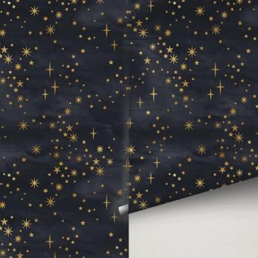 Imagem de Buiory Papel de parede grande Eden Black Starry Sky - Mural de parede com tema espacial removível de 38,6 x 480,6 cm com estrelas amarelas e meteoros, papel de parede DIY para quarto, sala de estar
