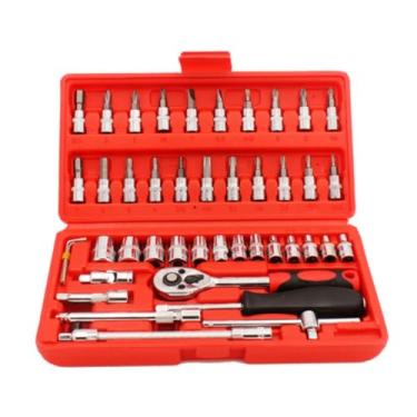 Imagem de Jogo de Soquetes e Bits 46 Peças, Aço Cromo, 1/4 Polegada, Estojo Vermelho, com Catraca e Extensões,