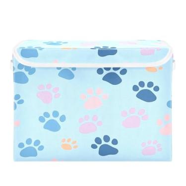 Imagem de CEBUGI Caixotes de armazenamento com tampas, caixa de armazenamento de tecido dobrável, impressões de pata de cachorro, compartimentos organizadores de cubo para armário de casa prateleiras de quarto