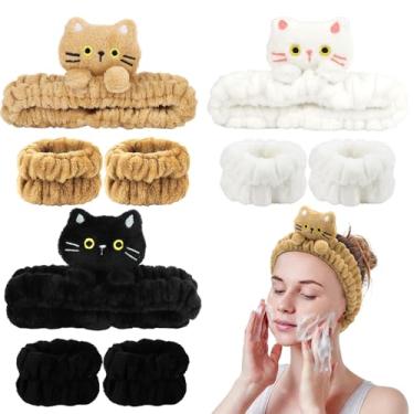 Imagem de WHAVEL Conjunto de faixa de cabeça e pulseira de spa, faixa de pulso para lavagem de rosto de gato, faixa de cabelo fofa para mulheres, maquiagem macia e fofa, suprimentos para cuidados com a pele