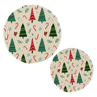 Imagem de Wassud Conjunto de trivet de bengala doce de árvore de Natal para pratos quentes, suportes de panela redondos, almofadas quentes de algodão, porta-copos elegantes, decoração de cozinha e acessórios, 2