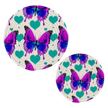Imagem de Wassud Trivet de borboletas vibrantes para pratos quentes, suportes redondos de algodão, almofadas quentes, porta-copos elegantes, decoração de cozinha e acessórios, 2 peças
