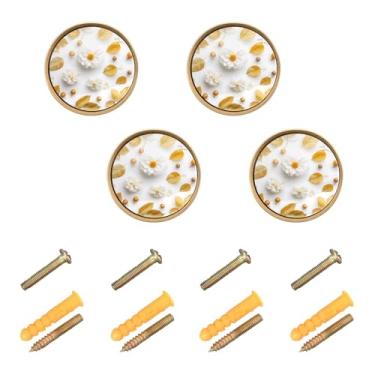 Imagem de Wassud Pacote com 4 maçanetas de armário de dália branca e folhas redondas puxadores e puxadores de 3 cm puxadores de gaveta de cômoda dourada de cozinha