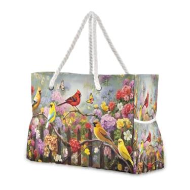 Imagem de Wassud Bolsa de praia grande para mulheres, pintura de pássaros e flores, impermeável, à prova de areia, bolsa de viagem com zíper e bolso para piscina, academia, acampamento