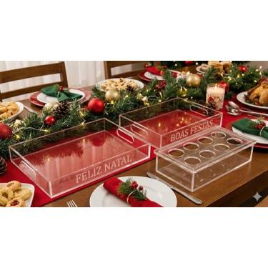 Imagem de Kit 2 Bandejas de Acrílico e 1 Floreira para Decoração de Mesa de Ceia e Festas, Feliz Natal e Boas Festas